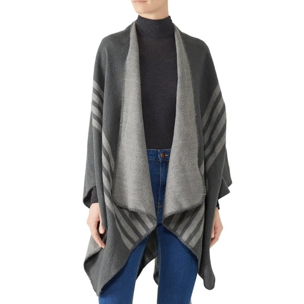 BB Dakota Poncho‎ Women One Size Gray Plaid Striped Open Front Cape